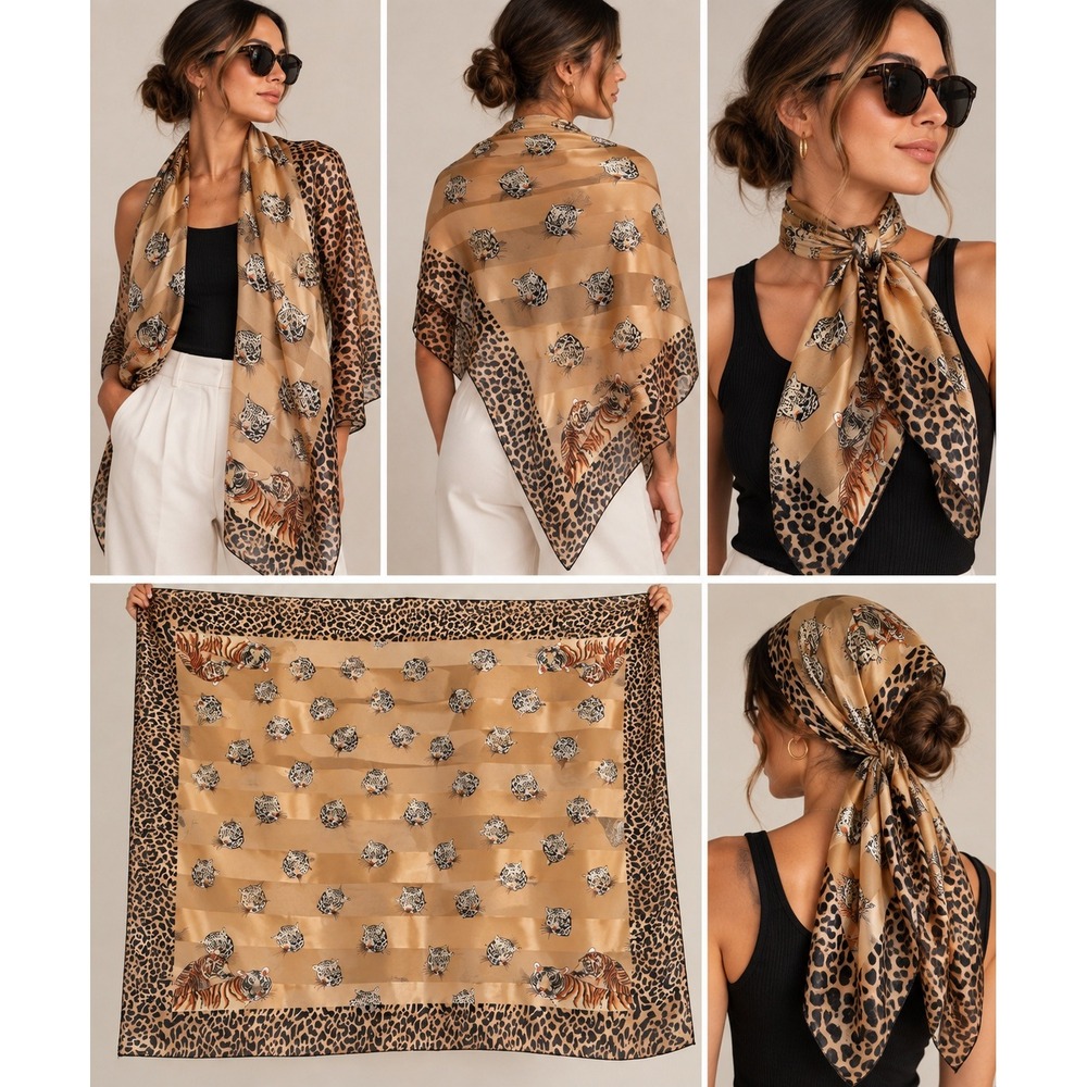 Tiger Leopard Print Square Scarf Women Tan Brown Satin Stripe Animal Large Wrap
